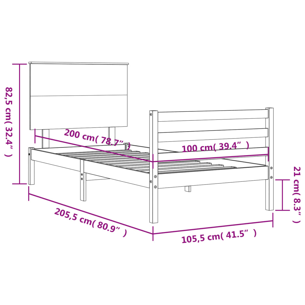 vidaXL Rúmgrind án Dýnu Hvítt 100x200 cm Gegnheil Viður