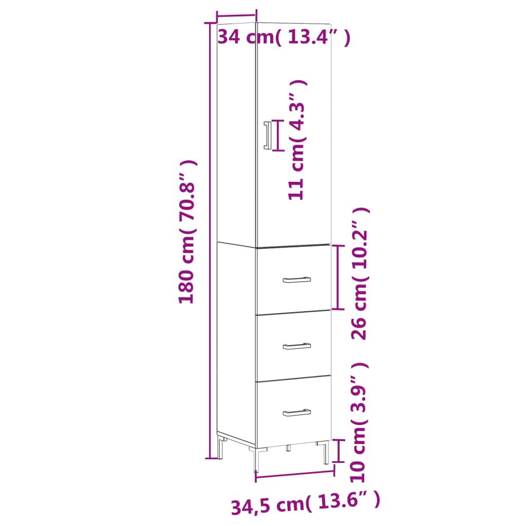 vidaXL Skenkur Háglans hvítt 34,5x34x180 cm Samsettur Viður