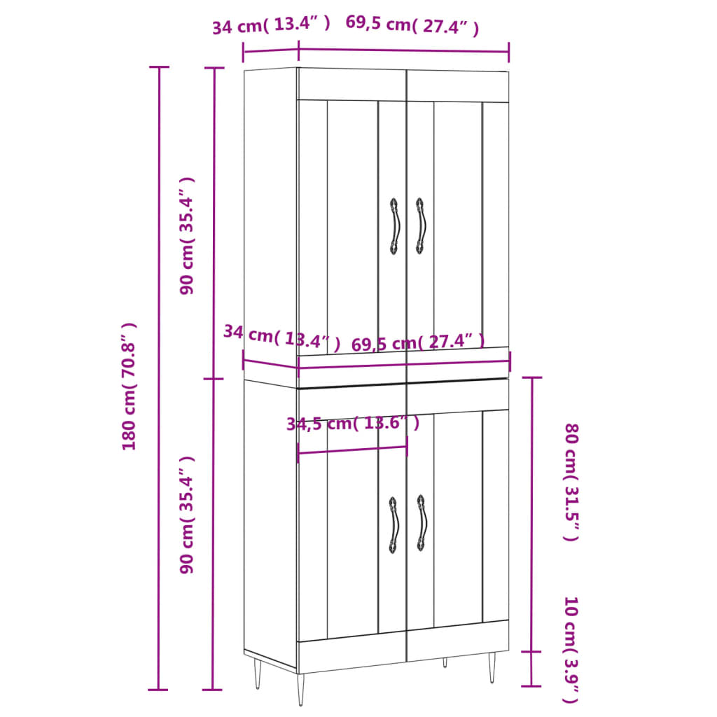 vidaXL Hár Skápur Steypugrár 69,5x34x180 cm Samsettur Viður