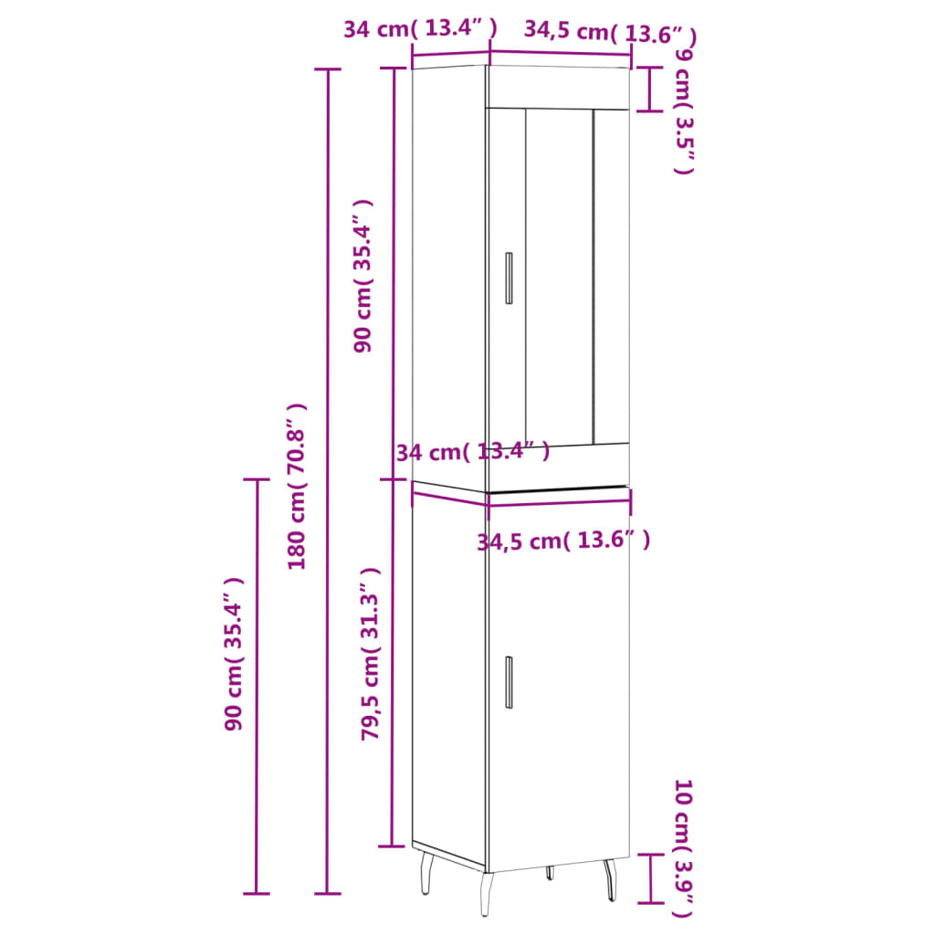 vidaXL Hár Skápur Grár Sonoma 34,5x34x180 cm Samsettur Viður