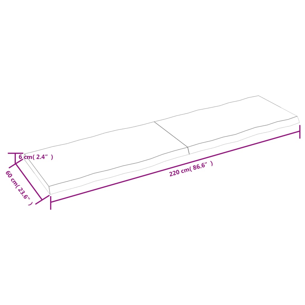 vidaXL Borðplata Ljósbrún 220x60x(2-6) cm Meðhöndluð Náttúrul. Brúnir