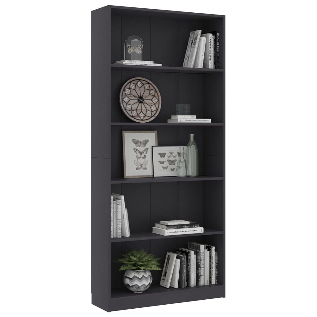 800920 vidaXL 5-Tier Book Cabinet Grey 80x24x175 cm Chipboard