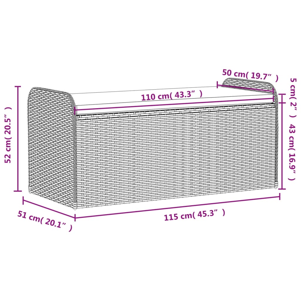 vidaXL Geymslubekkur með Púða Brúnn 115x51x52 cm Pólýrattan