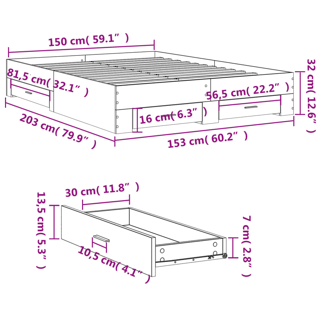 vidaXL Rúmgrind með Skúffum án Dýnu Reyktóna Eikarlitur 150x200 cm