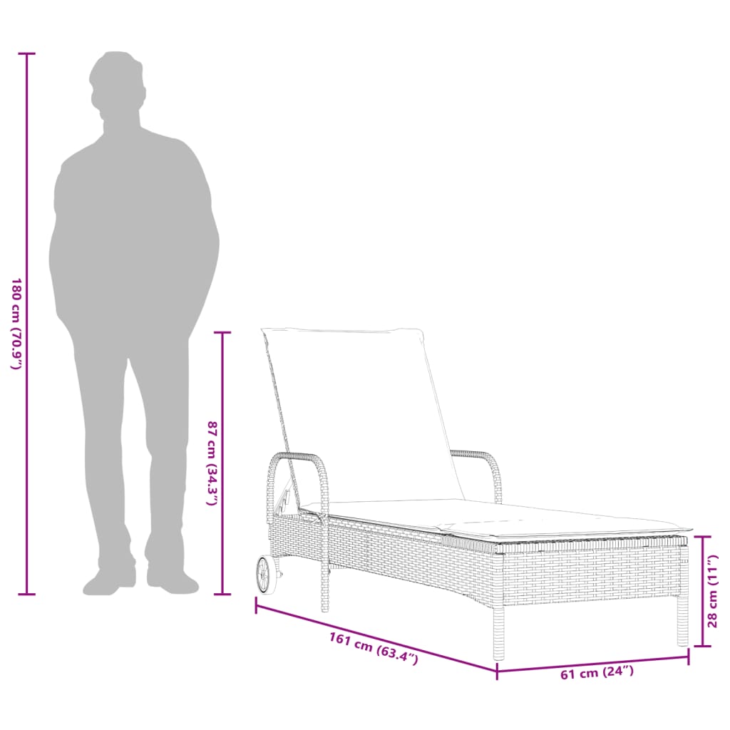 vidaXL Sólbekkur með Hjólum og Sessum Drappað Pólýrattan