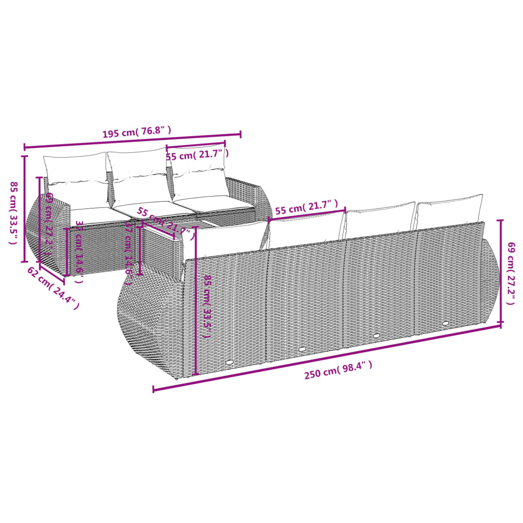 vidaXL 8 Hluta Garðsófasett með Sessum Drappað Pólýrattan