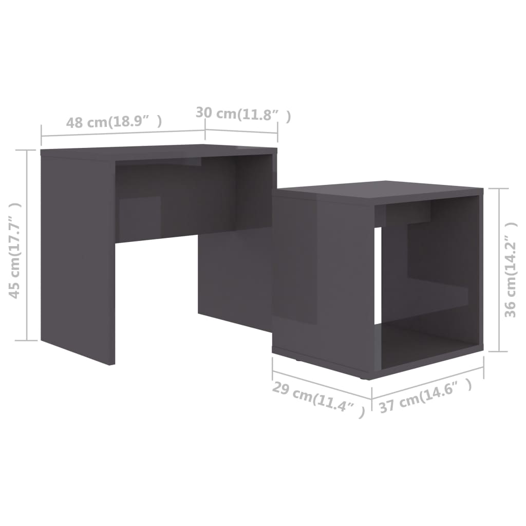 802893 vidaXL Coffee Table Set High Gloss Grey 48x30x45 cm Chipboard