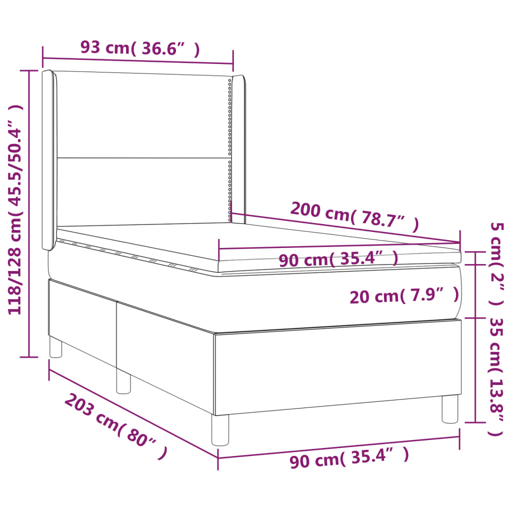 vidaXL Hólfað Springrúm með Dýnu&LED Svart 90x200 cm Gervileður