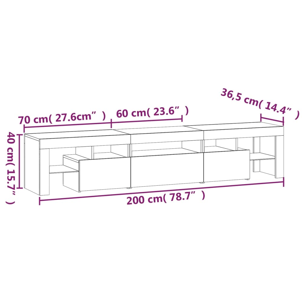 vidaXL Sjónvarpsskápur með LED Ljósum Grár Sonoma 200x36,5x40 cm