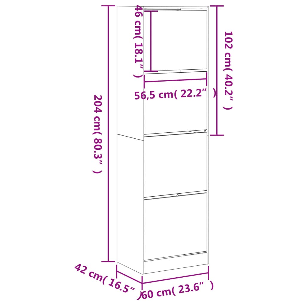 vidaXL Skóskápur með 4 Lóðréttum Skúffum Grár Sonoma 60x42x204 cm