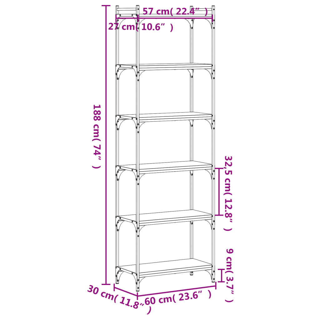 vidaXL Bókahilla með 6 Hillum Svört 60x30x188 cm Samsettur Viður