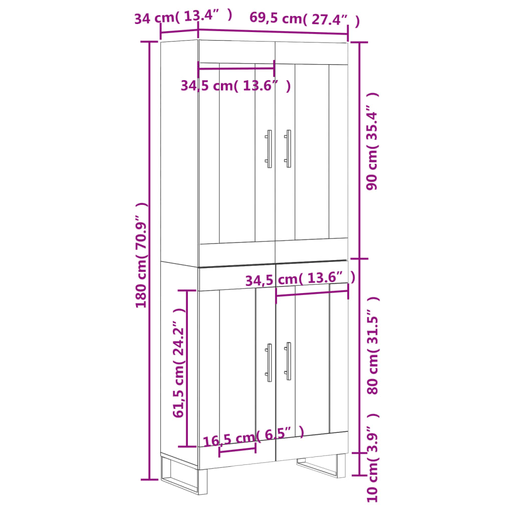 vidaXL Hár Skápur Steypugrár 69,5x34x180 cm Samsettur Viður