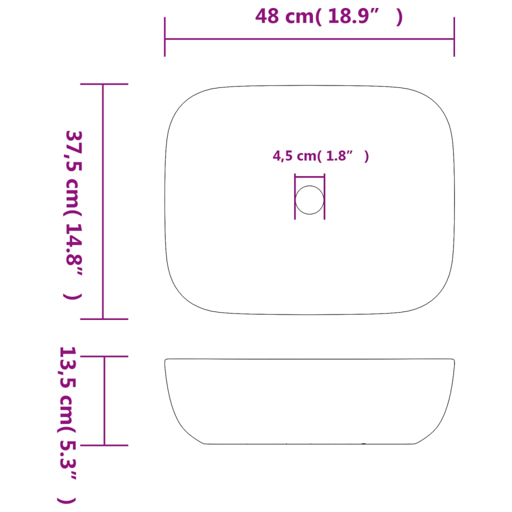 vidaXL Handlaug á Borðplötu Svartur Rétthyrnd 48x37,5x13,5 cm Keramik