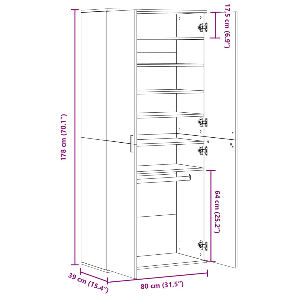 vidaXL Skóskápur Grár Sonoma 80x39x178 cm Samsettur Viður