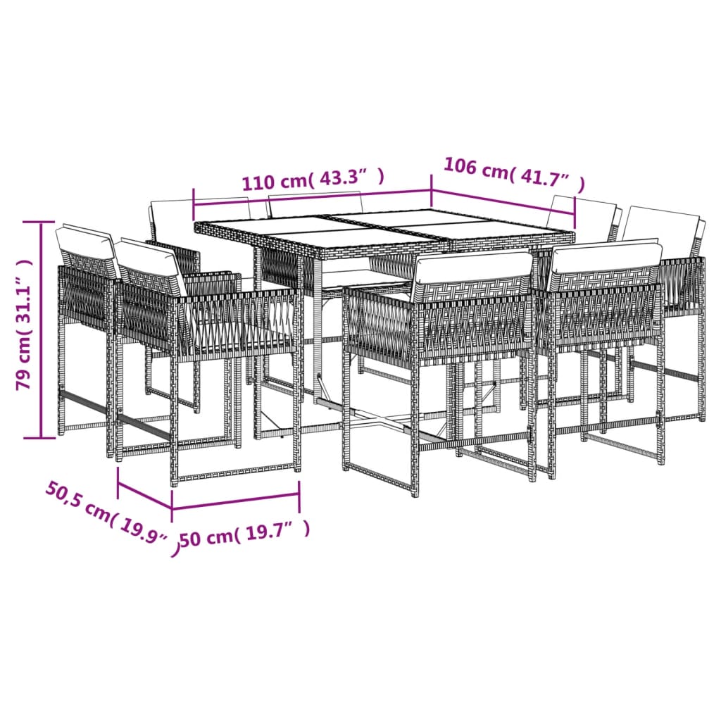 vidaXL 9 Hluta Garðborðsett með Sessum Drappað Pólýrattan