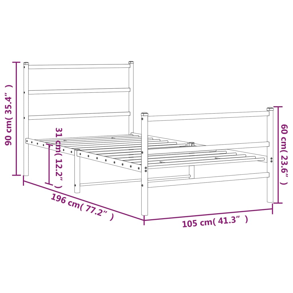 vidaXL Rúmgrind úr Málmi með Höfuðgafli & Fótagafli Svört 100x190 cm