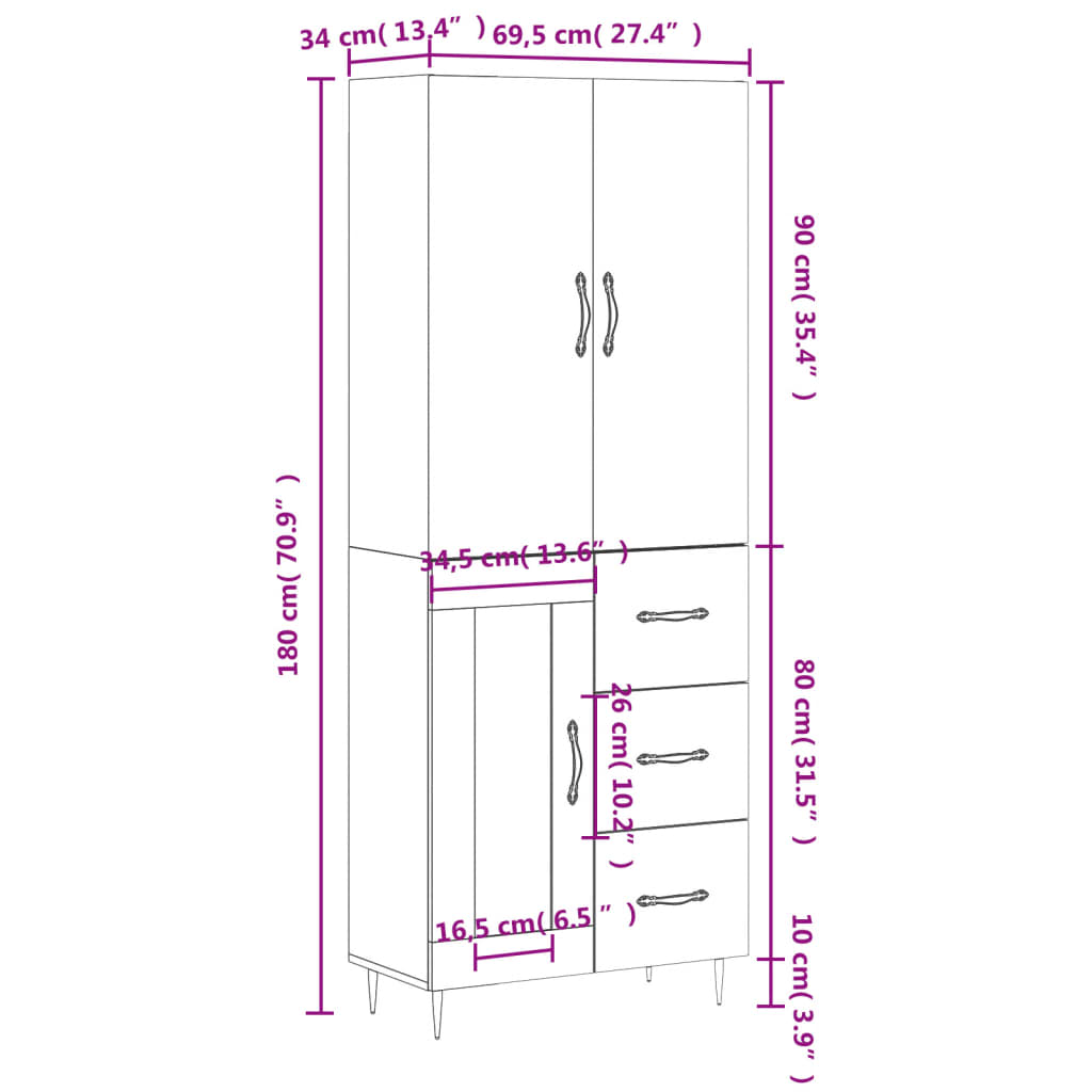 vidaXL Hár Skápur Hvítur 69,5x34x180 cm Samsettur Viður