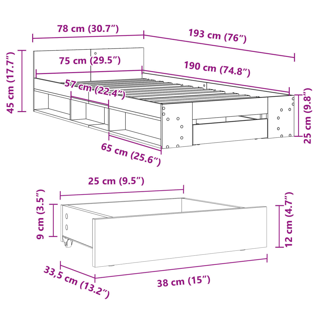 vidaXL Rúmgrind með Skúffu 75x190 cm Hvítur Samsettur Viður