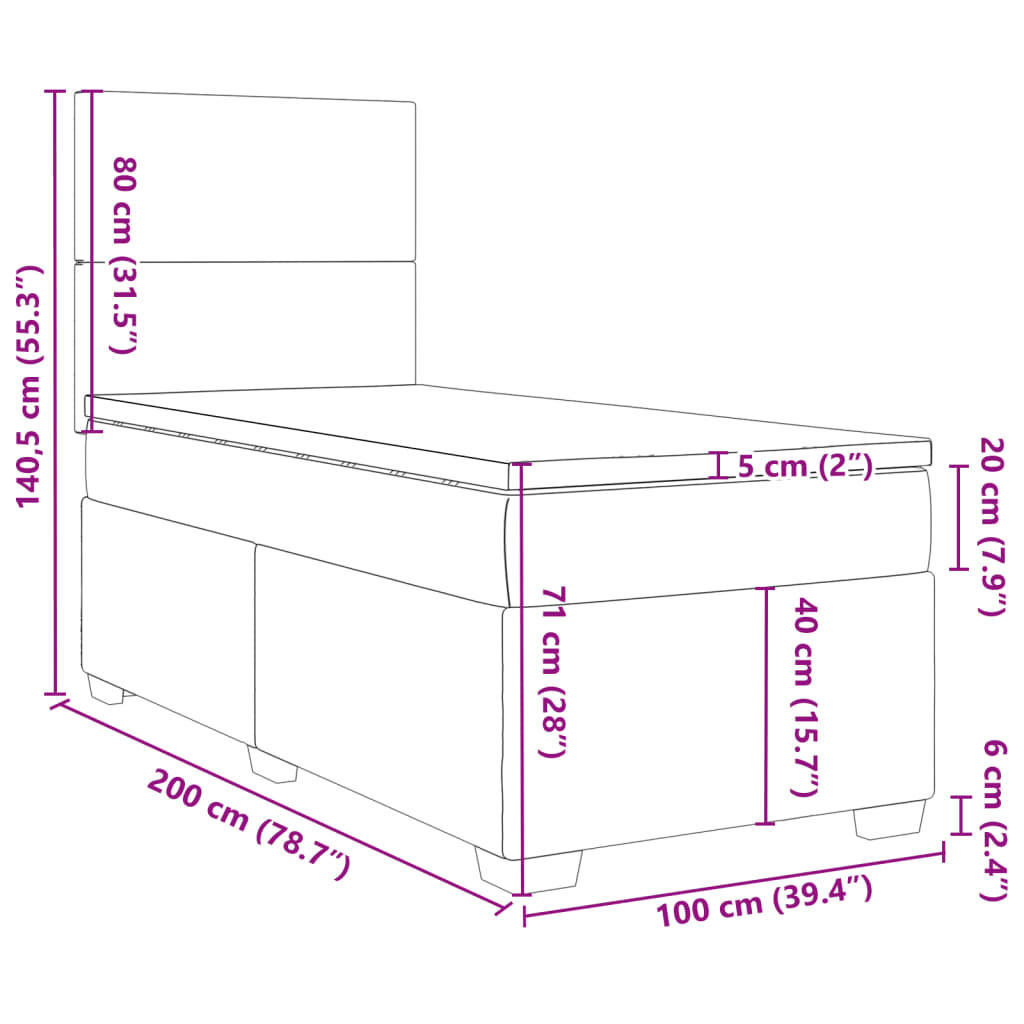 vidaXL Hólfað Springrúm með Dýnu Brúngrátt 100x200 cm Tauefni