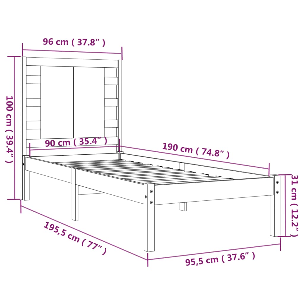 vidaXL Rúmgrind Hvít Gegnheill Viður 90x190 cm Einbreið