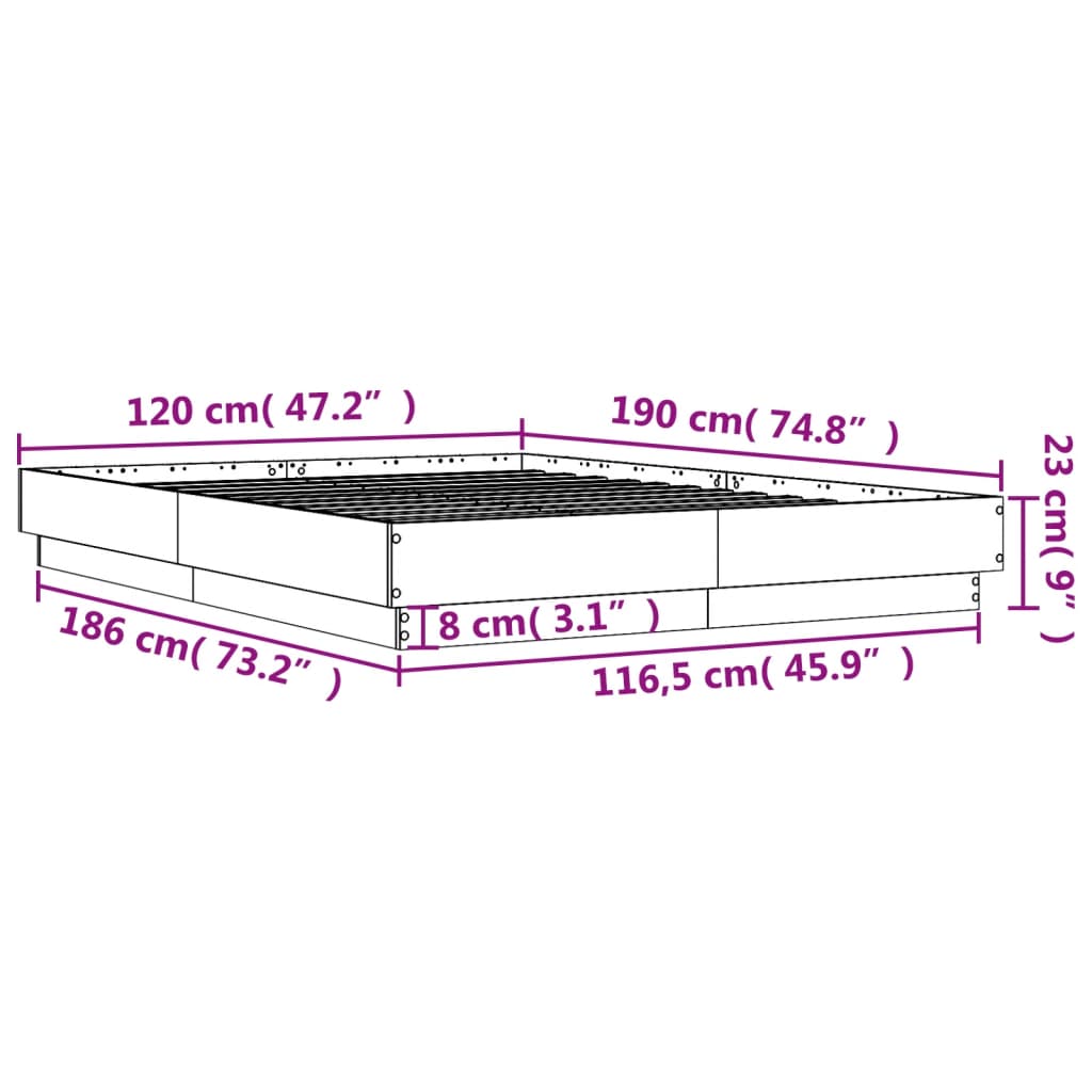 vidaXL Rúmgrind með LED Ljósum Grá Sonoma 120x190 cm