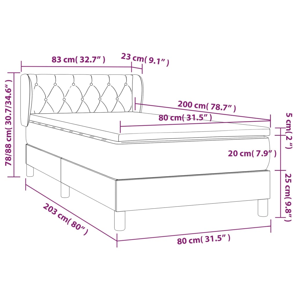 vidaXL Hólfað Springrúm með Dýnu Dökkgrátt 80x200 cm Flauel