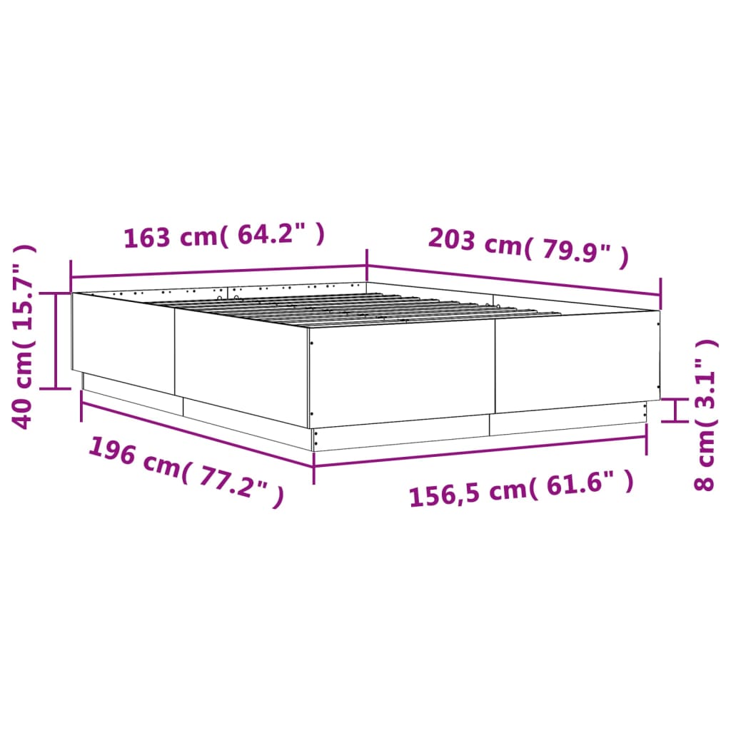 vidaXL Rúmgrind með LED án Dýnu Sonoma Eikarlitur 160x200 cm