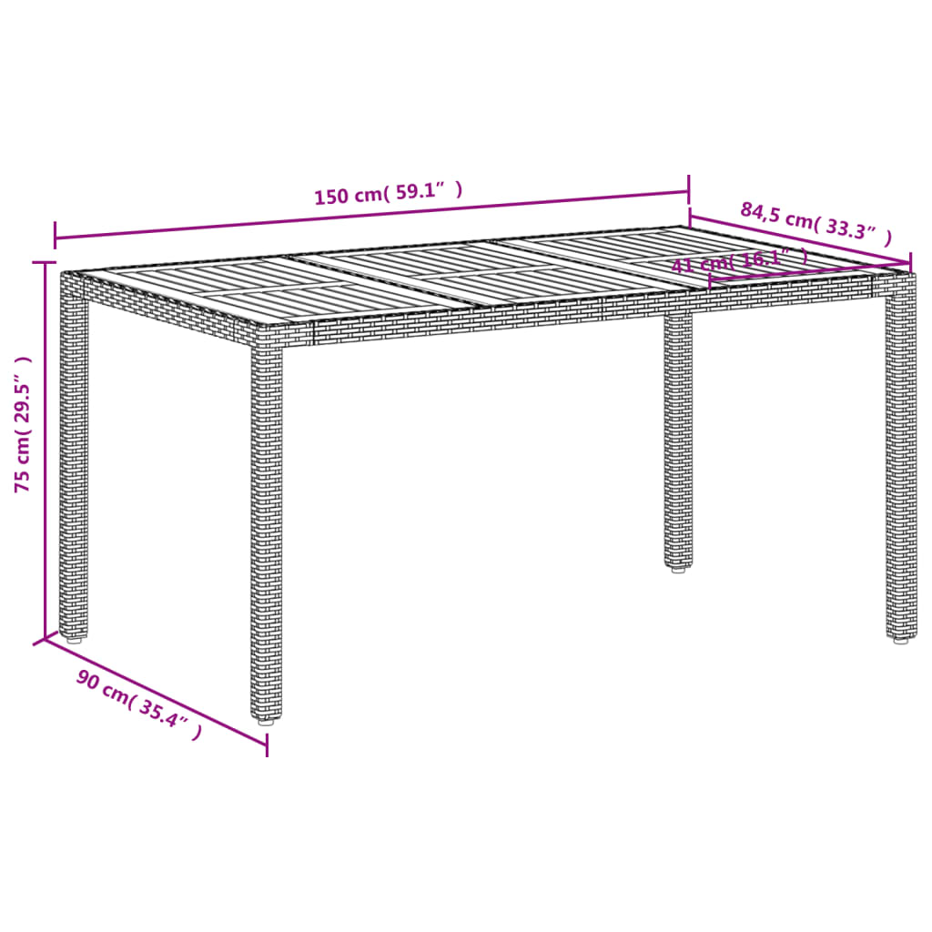 vidaXL Garðborð Drappað 150x90x75 cm Pólýrattan og Akasía