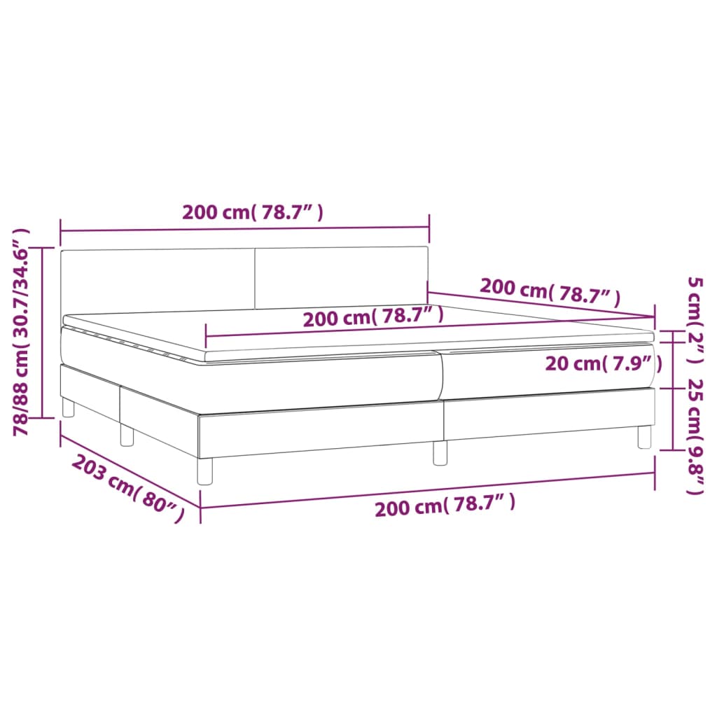 vidaXL Hólfað Springrúm með Dýnu&LED Grátt 200x200 cm Gervileður