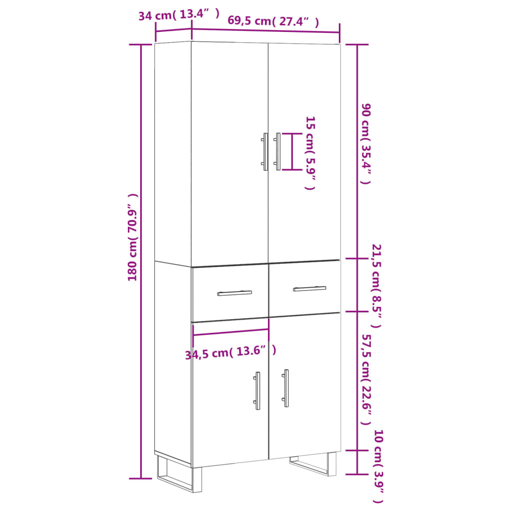 vidaXL Hár Skápur Brún Eik 69,5x34x180 cm Samsettur Viður