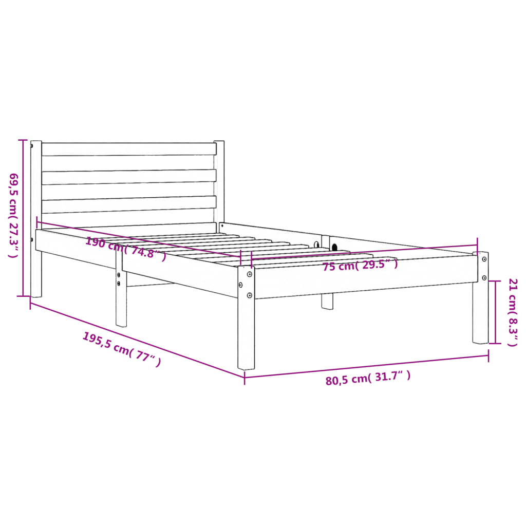 vidaXL Rúmgrind án Dýnu Vaxbrúnn 75x190 cm Gegnheil Fura