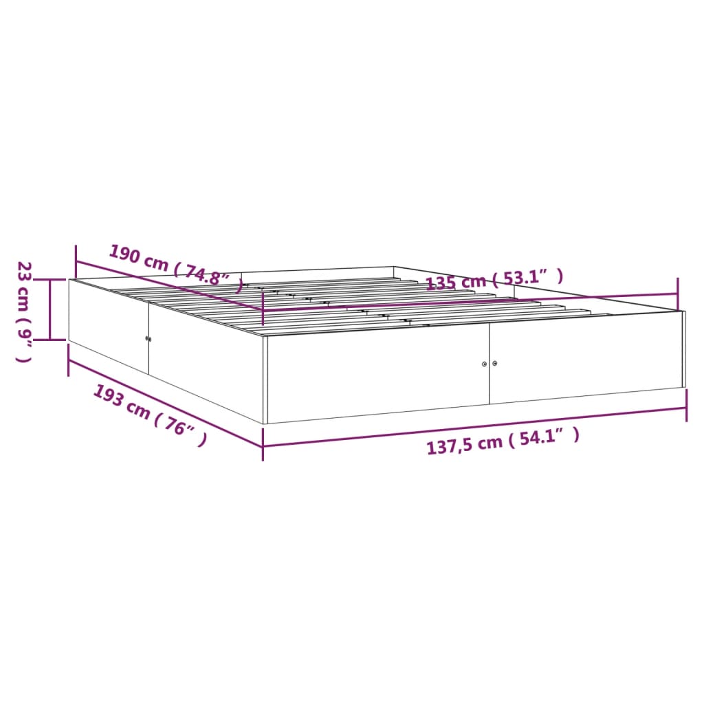 vidaXL Rúmgrind án Dýnu Gegnheill Viður 135x190 cm Tvíbreið