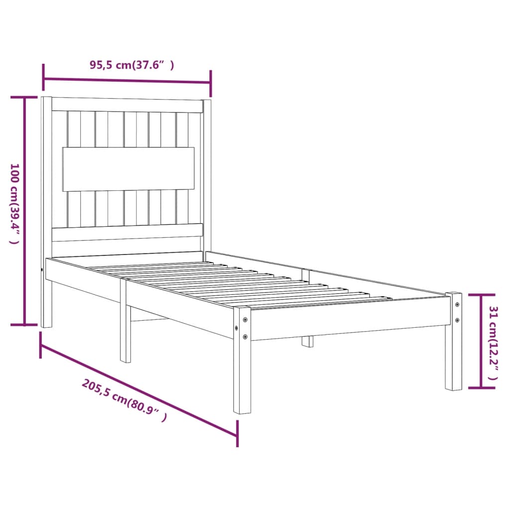 vidaXL Rúmgrind án Dýnu Svört Gegnheil Viður 90x200 cm