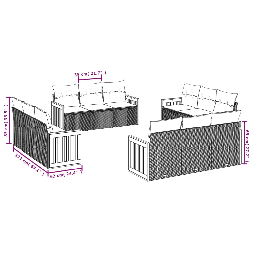 vidaXL 12 Hluta Garðsófasett með Sessum Svart Pólýrattan