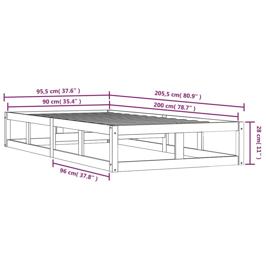 vidaXL Rúmgrind án Dýnu Svartur 90x200 cm Gegnheil Viður