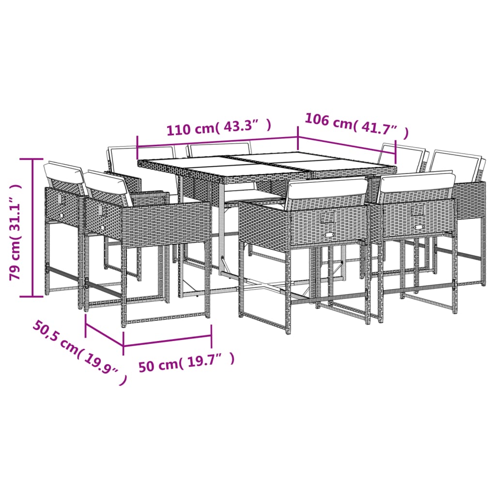 vidaXL 9 Stk. Garðhúsgagnasett með Púðum Pólýrattan Svart