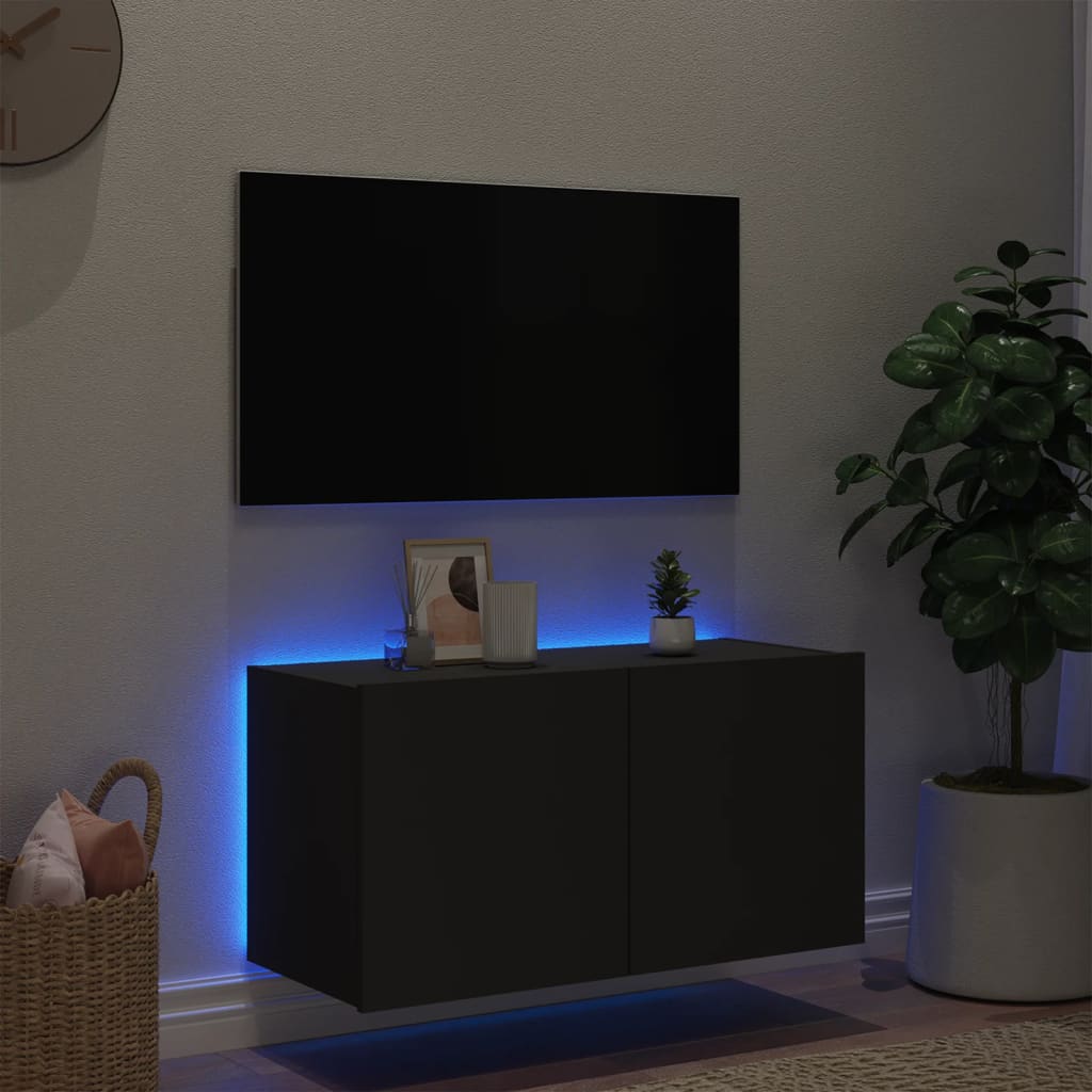 vidaXL Veggfestur Sjónvarpsskápur með LED ljósum Svartur 80x35x41 cm