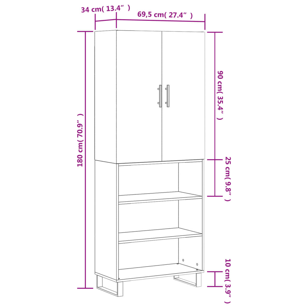 vidaXL Skenkur Háglans hvítt 69,5x34x180 cm Samsettur Viður