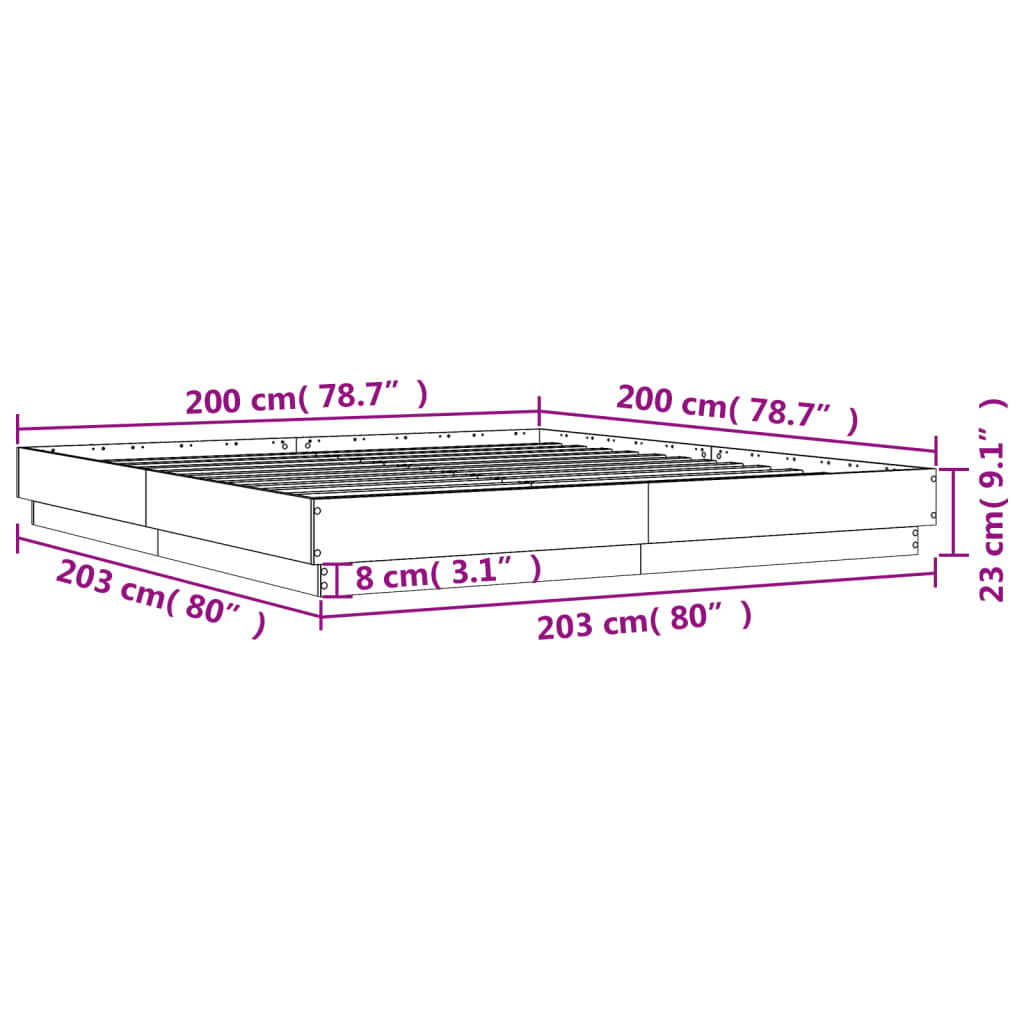 vidaXL Rúmgrind með LED án Dýnu Steypugrátt 200x200 cm