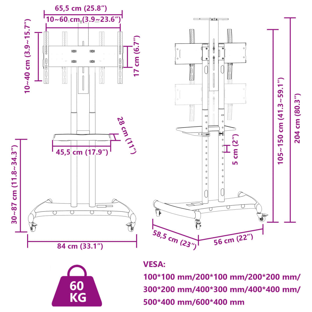 vidaXL Sjónvarpsstandur á Hjólum 32-70" Skjár Hám VESA 600x400 mm 60kg