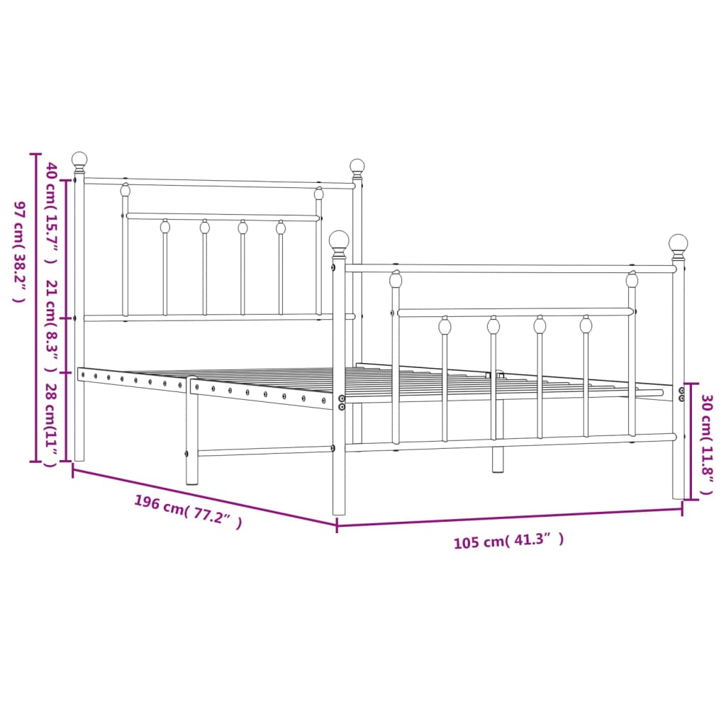 vidaXL Rúmgrind úr Málmi með Höfuðgafli & Fótagafli Hvít 100x190 cm