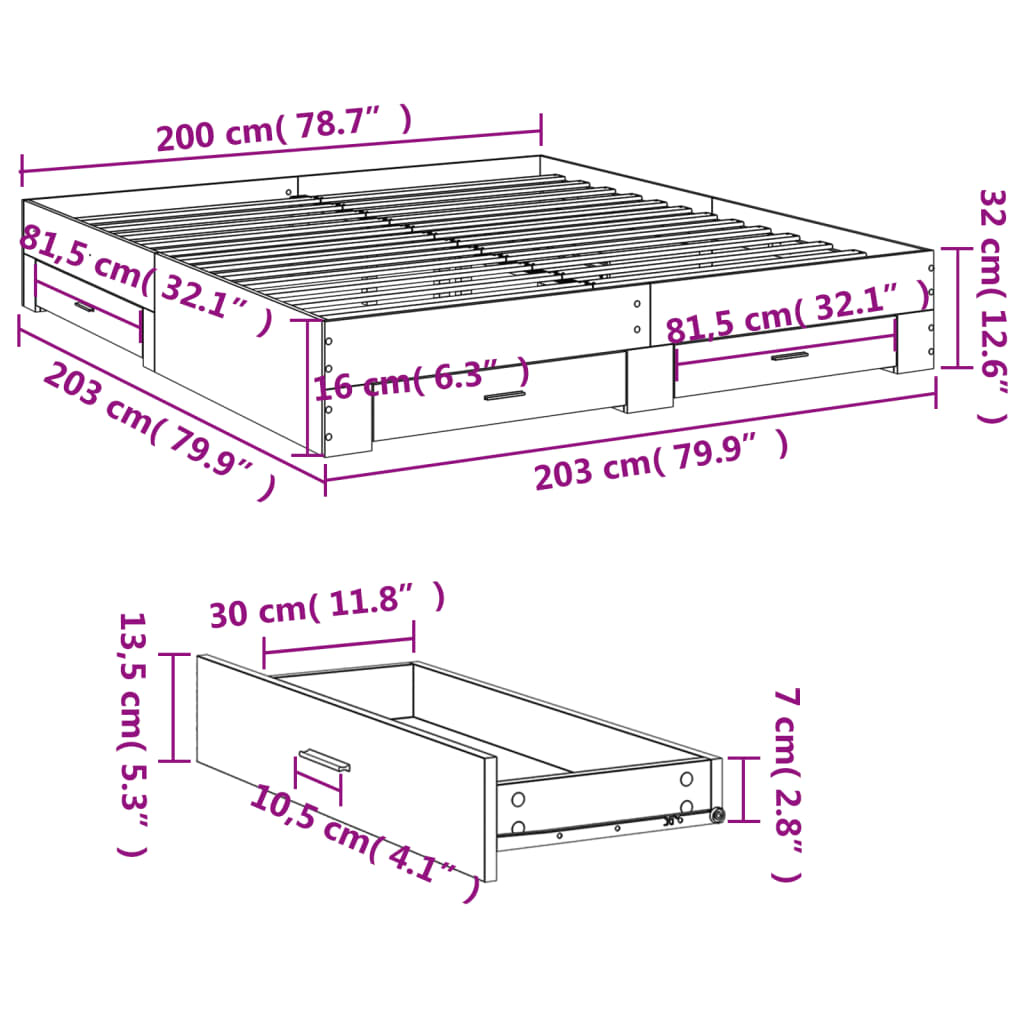 vidaXL Rúmgrind með Skúffum án Dýnu Reyktóna Eikarlitur 200x200 cm