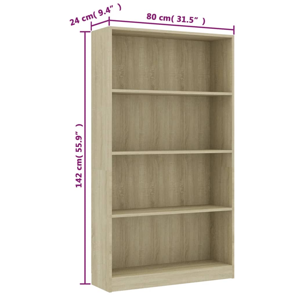 800912 vidaXL 4-Tier Book Cabinet Sonoma Oak 80x24x142 cm Chipboard