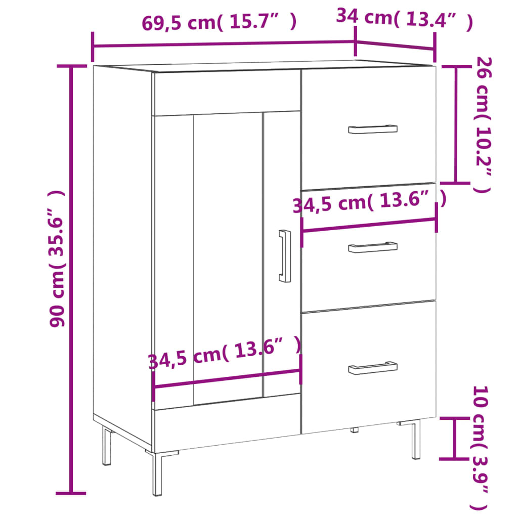 vidaXL Skenkur Steypugrár 69,5x34x90 cm Samsettur Viður