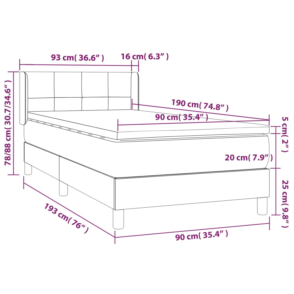 vidaXL Hólfað Springrúm með Dýnu Brúngrátt 90x190 cm Tauefni