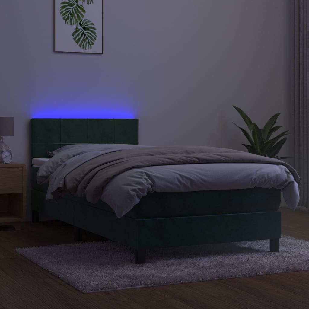 vidaXL Hólfað Springrúm með Dýnu&LED Dökkgrænt 90x190 cm Flauel