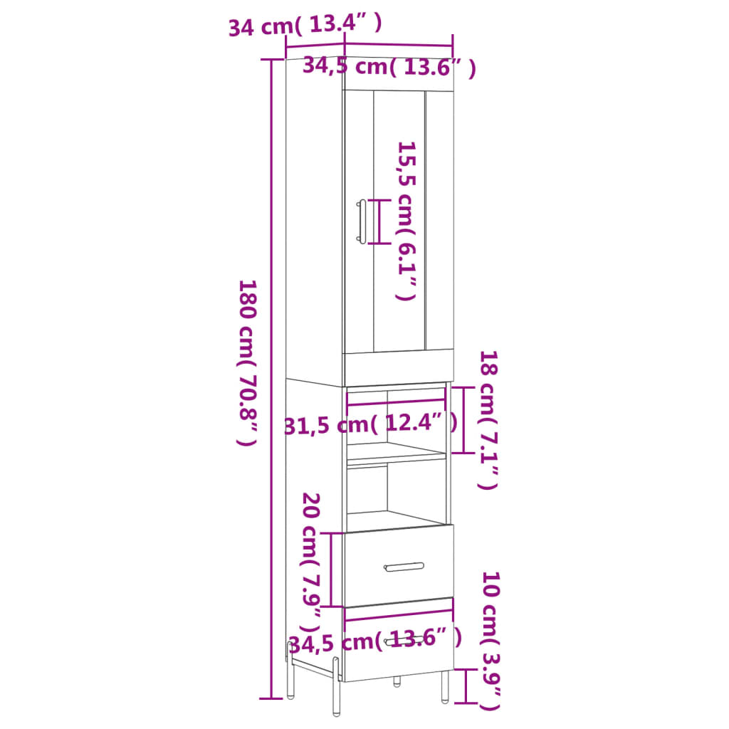 vidaXL Hár Skápur Grár Sonoma 34,5x34x180 cm Samsettur Viður