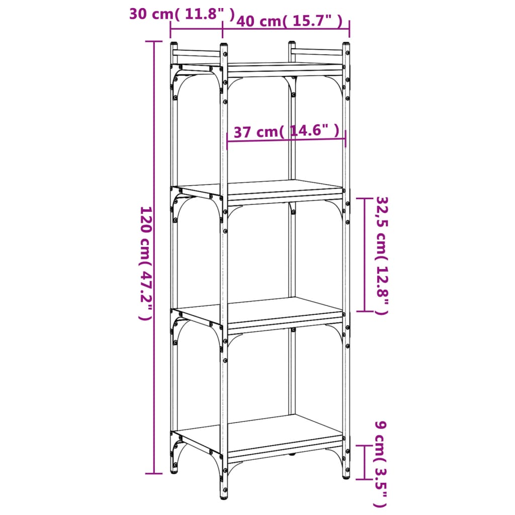 vidaXL Bókahilla með 4 Hillum Svört 40x30x120 cm Samsettur Viður