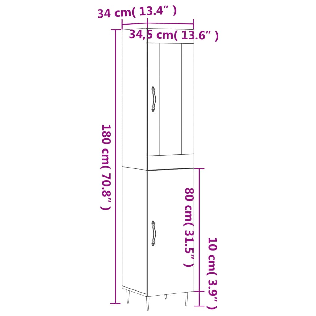 vidaXL Hár Skápur Steypugrár 34,5x34x180 cm Samsettur Viður