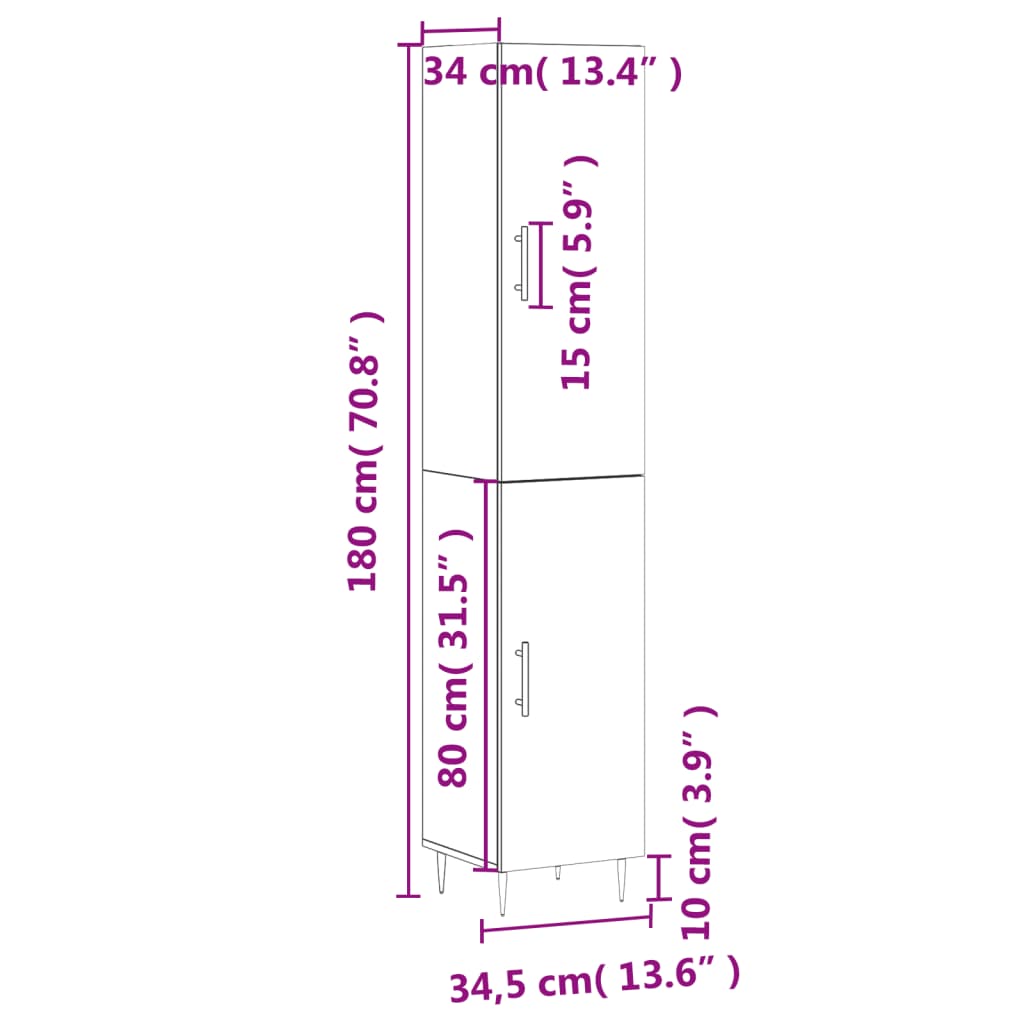 vidaXL Hár Skápur Steypugrár 34,5x34x180 cm Samsettur Viður